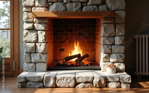 Cozy stone fireplace with a warm fire, featuring a wooden mantel and a stylish stone base, perfect for a welcoming living space. calming rhythms tranquility mindfulness concept. High quality