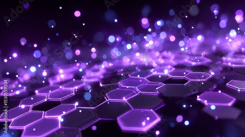 Abstract Purple Hexagon Network with Glowing Particles