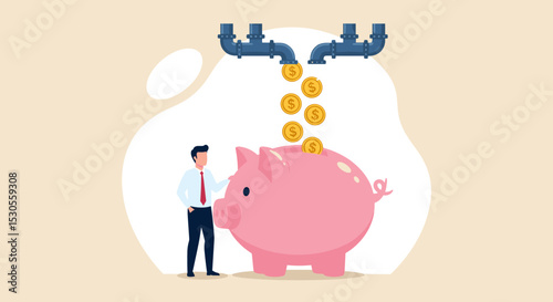 Multiple streams of income, passive income or revenue from invest in multi assets, side hustles to make money concept, rich businessman standing with multi cash flow from pipe into wealthy piggy bank.