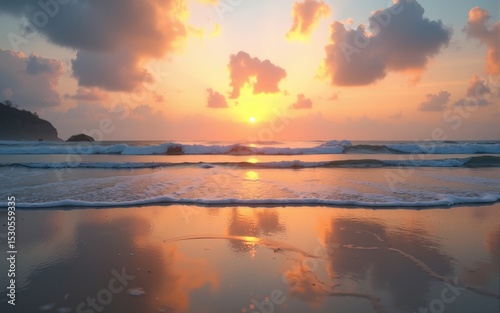 Soothing Waves and Calming Rhythms on Serene Beach at Sunset for Meditation and Stress Relief. High quality