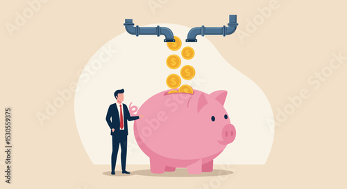 Multiple streams of income, passive income or revenue from invest in multi assets, side hustles to make money concept, rich businessman standing with multi cash flow from pipe into wealthy piggy bank.