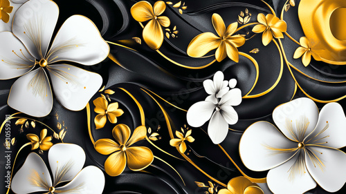 abstract black and gold and white floral pattern background