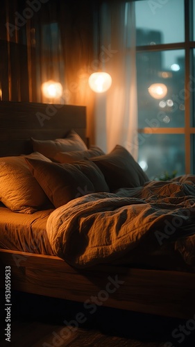 Cozy bedroom with warm lighting ambiance.