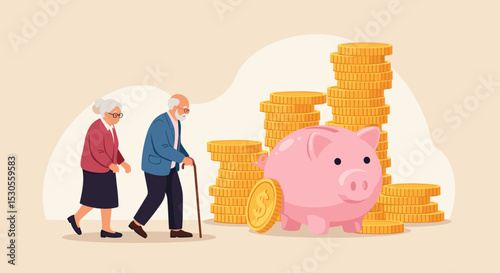 Retirement mutual fund, 401k or Roth IRA savings for happy life after retire and financial freedom concept, rich senior couple elderly man and woman stand with stacked of dollar coins pink piggy bank.