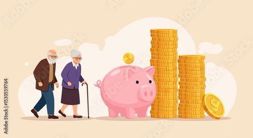 Retirement mutual fund, 401k or Roth IRA savings for happy life after retire and financial freedom concept, rich senior couple elderly man and woman stand with stacked of dollar coins pink piggy bank.