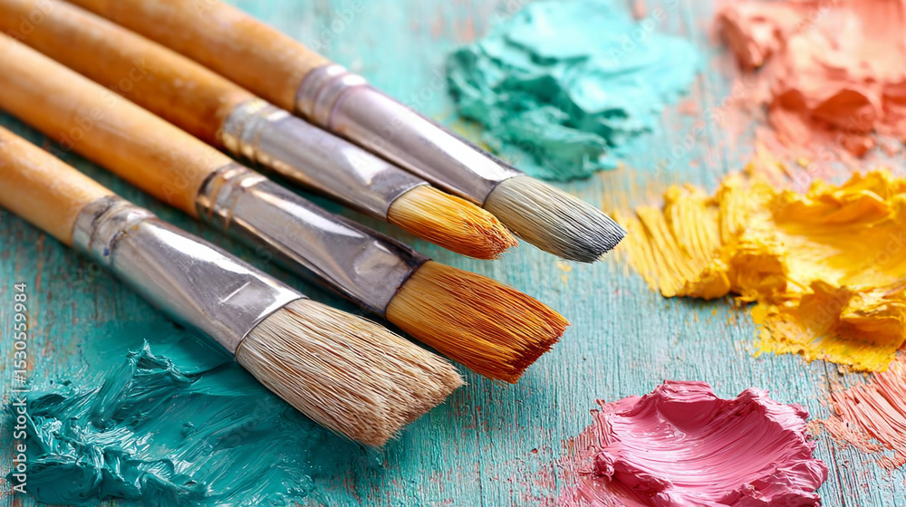 Fototapeta premium Art supplies, paint brushes, colorful paints, creative tools