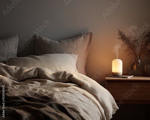 Cozy bedroom with soft bedding and warm light.