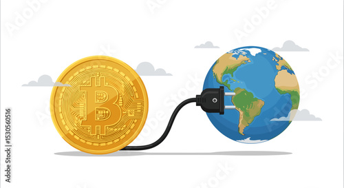 Cryptocurrency sustainability problem, bitcoin and crypto currency mining energy consumption not environment friendly concept, Big bitcoin with electric plug sucking energy from planet earth. 