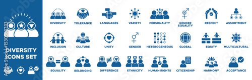 Diversity icon set. diversity icons, diversity, inclusion, equality, belonging, culture, tolerance, languages, unity, difference, ethnicity, gender icons. Solid icon collection. Vector illustration.