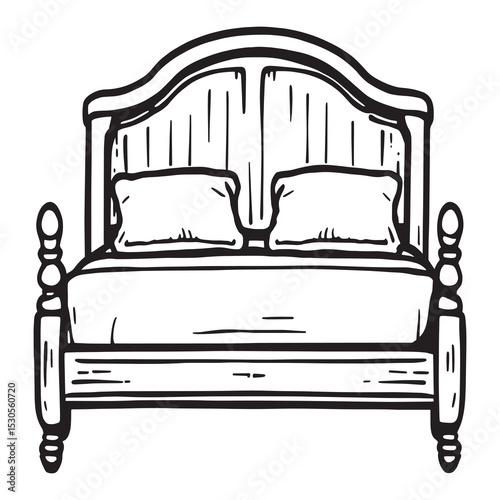 Hand drawn vintage bed with pillows line style art