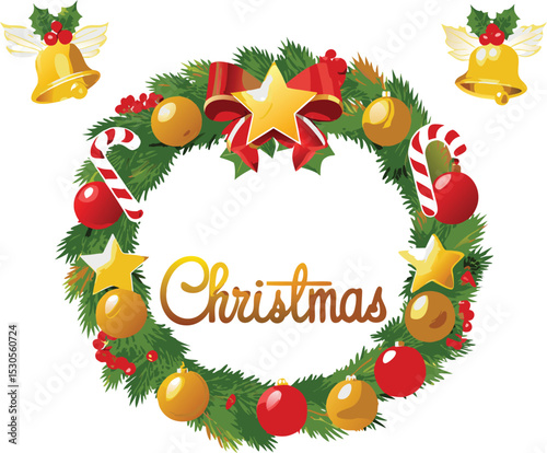Festive Christmas Wreath with Ornaments Candy Canes Bells and Stars