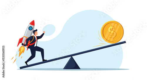 Economic stimulus money, central bank inject money to boost business and recover from Coronavirus COVID-19 crisis, big money dollar coin fall on seesaw to boost other side businessman with rocket.