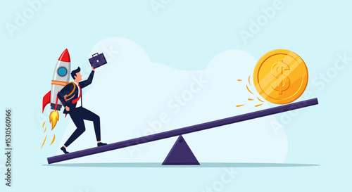 Economic stimulus money, central bank inject money to boost business and recover from Coronavirus COVID-19 crisis, big money dollar coin fall on seesaw to boost other side businessman with rocket.
