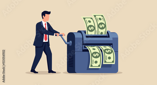 Printing money, quantitative easing policy by countries central bank or FED, federal reserve to stimulate economics concept, businessman central bank man rolling money printer to print money banknotes