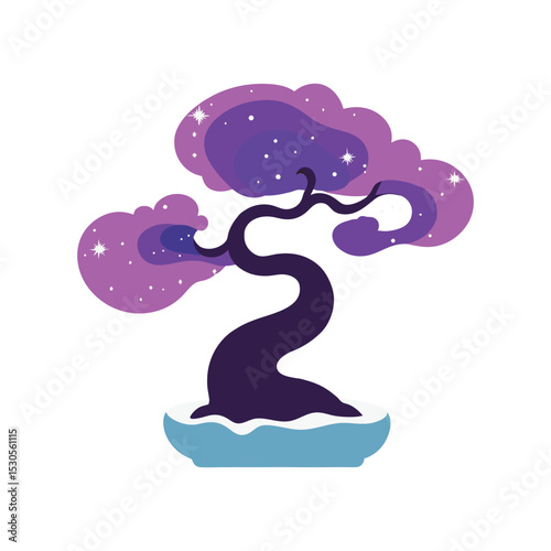 Galaxy Spiral Behind Bonsai Tree Artwork