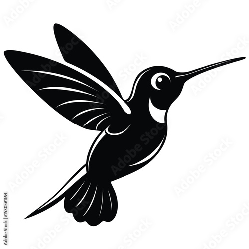 Black hummingbird with wings extended soars gracefully against a bright white blank background