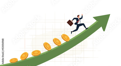 Investment profit and earning, stock market growth or fund flow depend on interest rate and inflation concept, businessman investor, fund manager holding flag lead money coins running up rising graph.