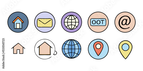 Hand Drawn Contact Information Icons on Black Background Including Home Email Globe OOT At Symbol and Location Pin for Website and App