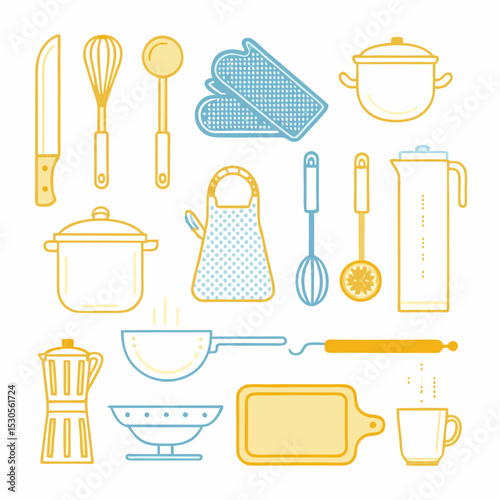 A vector icon set of kitchen utensils for cooking, featuring a spoon, knife, pot, and pan