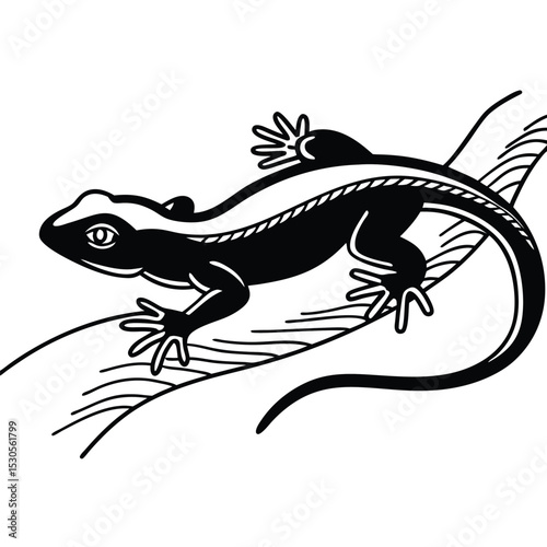 Black lizard with detailed contours is gracefully perched upon a gracefully curved branch