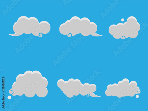 Flat cartoon clouds. Cumulus fluffy clouds in children's style, white fluffy render objects, rounded geometric cloud shapes, cute weather elements, meteorology icons, isolated vector set of cloudscape