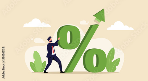 Interest rate, tax or VAT increase, loan and mortgage rate upward trend, investment profit or dividend rising up concept, businessman banker, FED or government put upward arrow on percentage symbol.