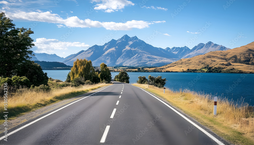 Fototapeta premium Lakeside Road with Mountain View