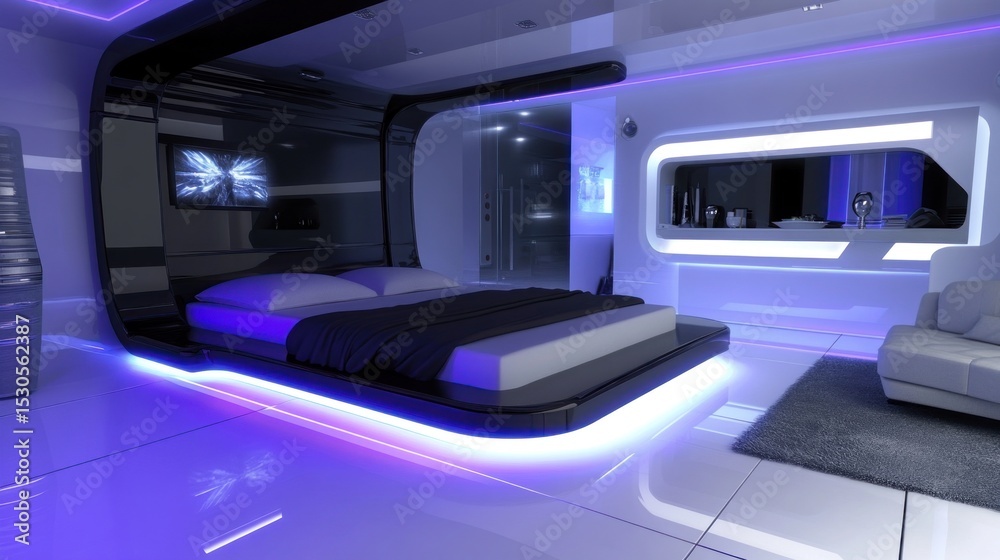 Fototapeta premium Futuristic bedroom interior design with glowing accents.
