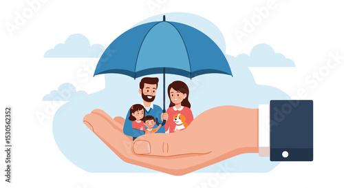 Life insurance, family protection to assure members will be financially supported and risk cover concept, lovely family with husband, wife and kids in supporting hand with umbrella cover protection.