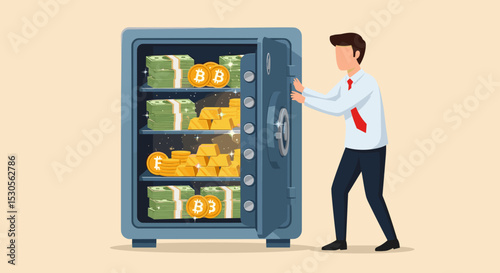 Alternative financial assets, crypto currency bitcoin, cash and gold for investment retirement plan concept, businessman investor standing with security safe with full of cash, gold and bitcoin inside