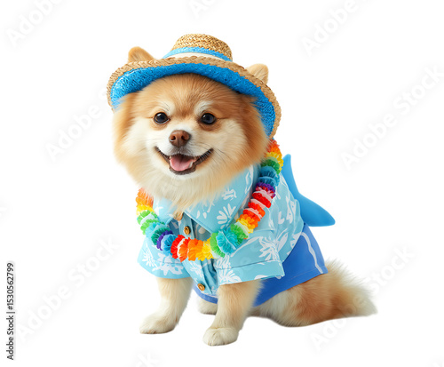 A Pomeranian dog dressed in blue shark-themed shorts, a Hawaiian shirt, and a straw hat with rainbow necklaces isolated on a transparent background