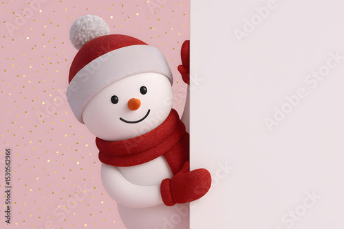 Festive 3D Cartoon Snowman with a Red Hat and Scarf, a Fun and Cheerful Holiday Decoration for Christmas photo