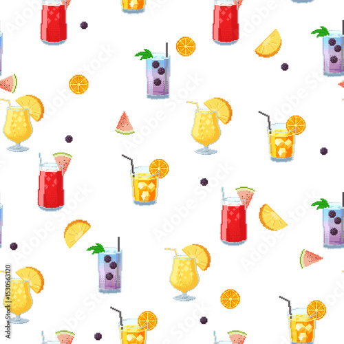Seamless summer pattern with pixel art cocktails and fruits. Colorful 8-bit design with pineapple, watermelon, orange and blackberry. Bright retro style for fabric, wallpaper or digital use.