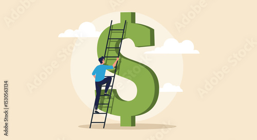 Money ladder to achieve financial independent goal, challenge to reach investment target or wealth planning strategy concept, businessman starting to climb up ladder to the top of money dollar sign. 