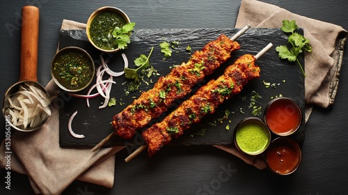 Extreme top view of an extremely perfect looking mutton seekh kebab in a dark ceramic plate