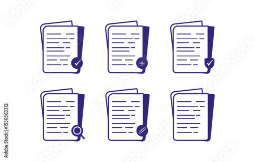 Blue document icons with check, plus, shield, search, and edit symbols. Ideal for business, office, data, or file management designs.