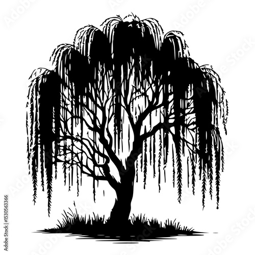 A dramatic silhouette of a weeping willow tree, with its characteristic drooping branches creating a striking vertical pattern against a light