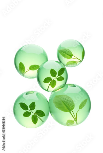 Floating green bubbles. Leaves suspended inside. Eco-fresh vibe. Great for natural products or organic cosmetics.