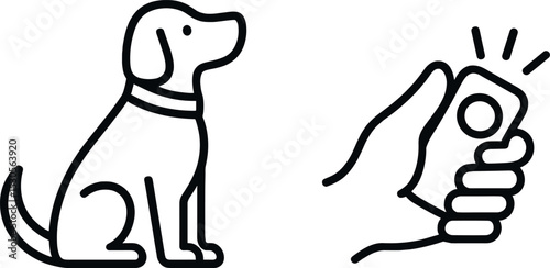 Black and white outline of dog with training clicker symbolizing obedience
