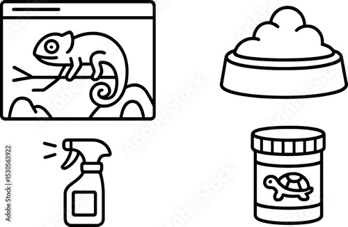 Pet reptile care: chameleon, food bowl, spray bottle, turtle food jar icons