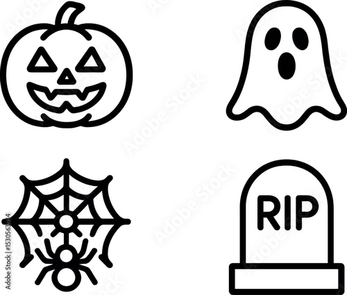 Halloween symbols: jack-o'-lantern, ghost, spider web, tombstone