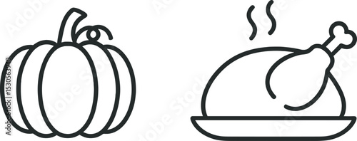 Pumpkin and roast chicken icons: symbol of autumn harvest and thanksgiving feast