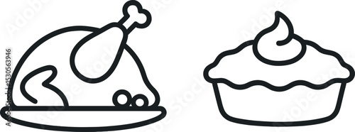 Black and white icon of roast chicken and pie with whipped cream topping