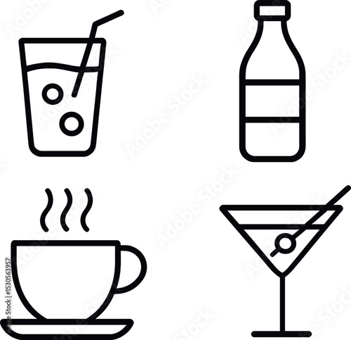 Icon set of drinks: water, bottle, coffee, and martini glasses