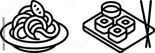 Line art depiction of pasta and sushi on white background