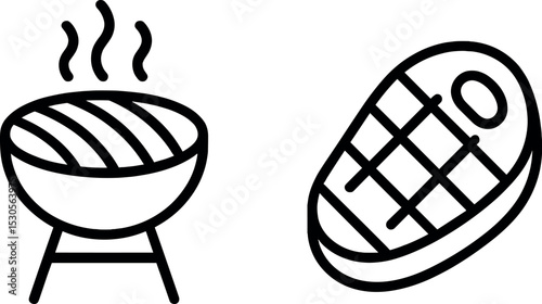 Grilled meat icon set with outdoor barbecue grill and steak