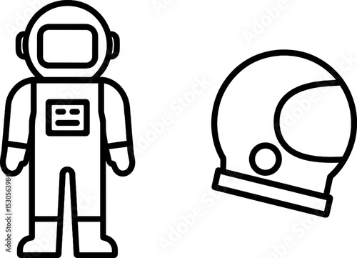 Space suit and helmet outline illustration: astronaut equipment line art