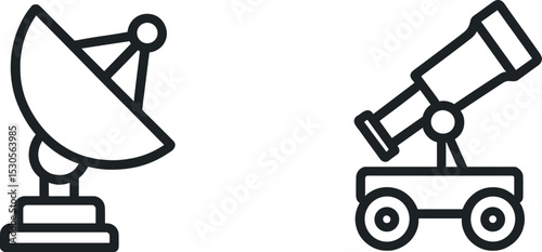 Line art: telescope and satellite antenna symbols for science and communication