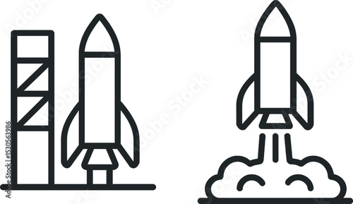 Rocket launch icons: space exploration symbols with rocket and launch pad