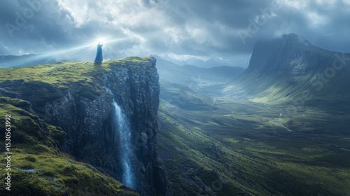 Mysterious figure standing on cliff edge with waterfall in a lush valley during twilight photo